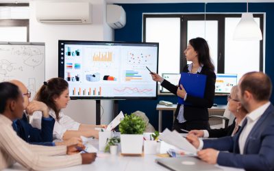 Young team leader in big corporation briefing coworkers pointing at graph meeting. Corporate staff discussing new business application with colleagues looking at screen